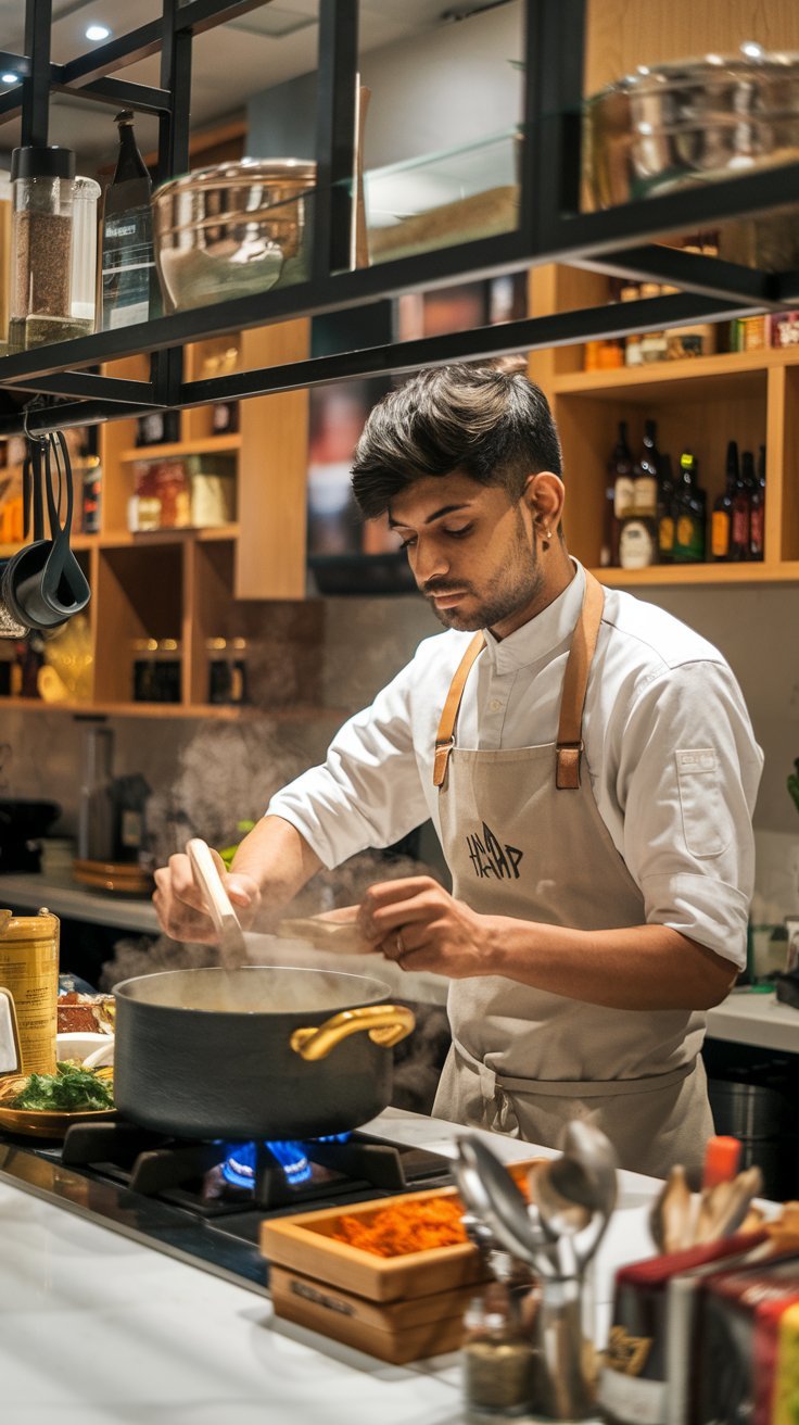 joven chef preparando cocina india
