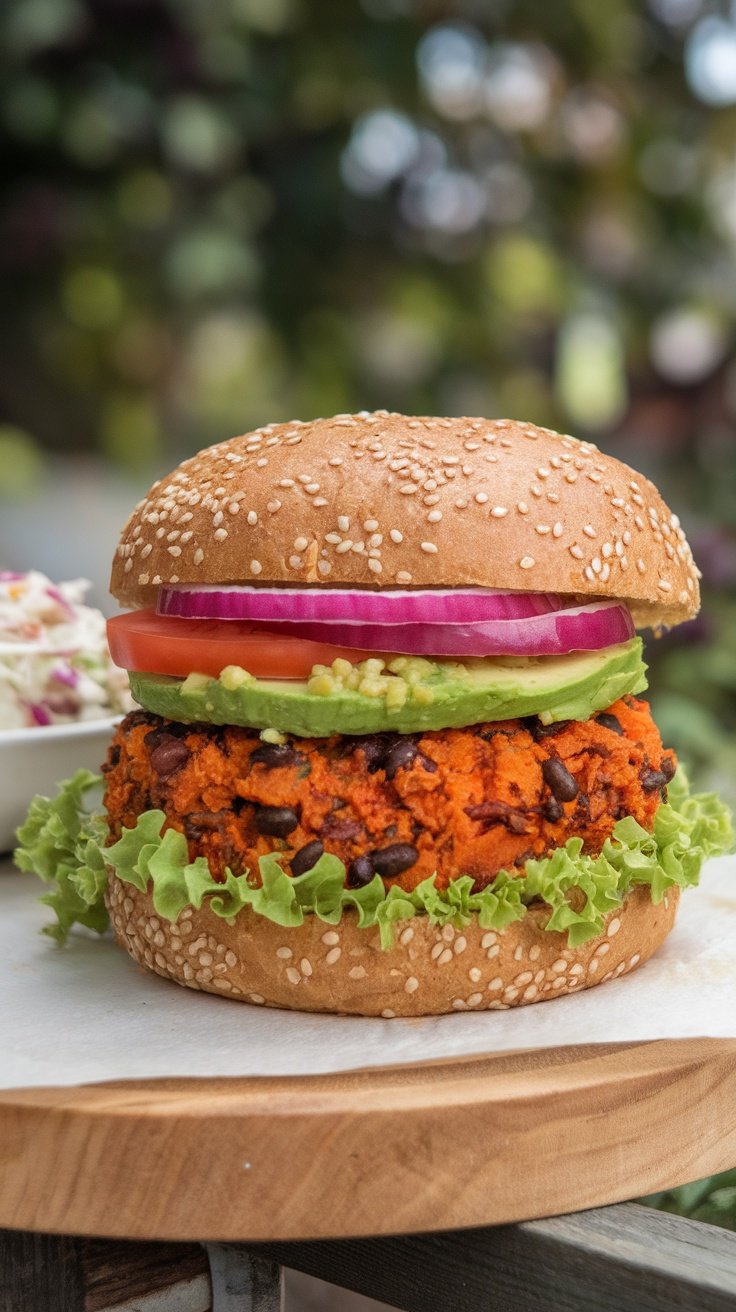 Hamburguesa de batata con frijoles negros, lechuga, tomate, cebolla roja y aguacate en un pan de sésamo.