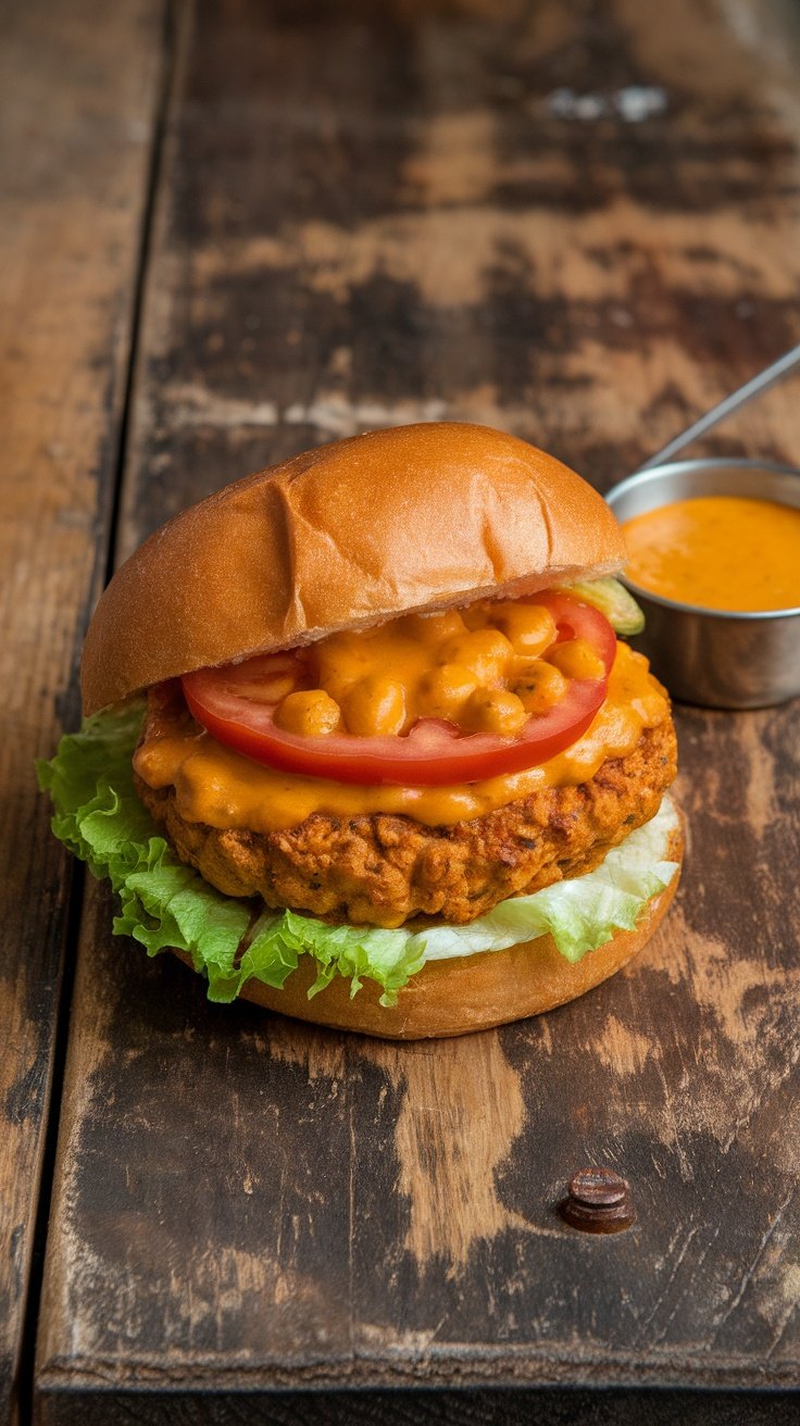 Hamburguesa de garbanzos con curry, lechuga, tomate y queso, servida en un pan suave