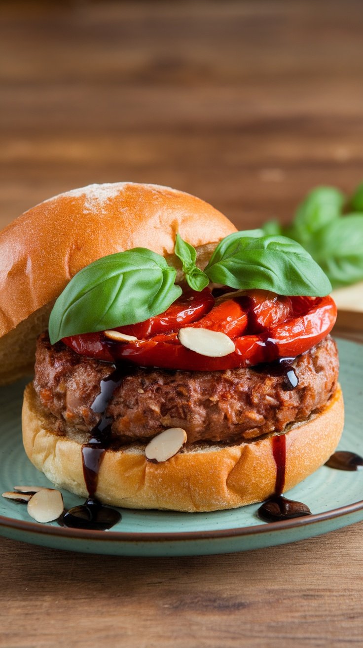 Hamburguesa de pimientos asados y almendras con albahaca y almendras troceadas sobre un plato