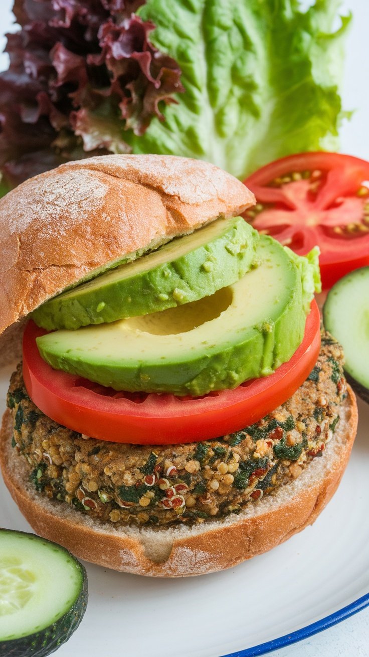 Hamburguesa de quinoa y espinacas con aguacate y tomate en un pan rústico.