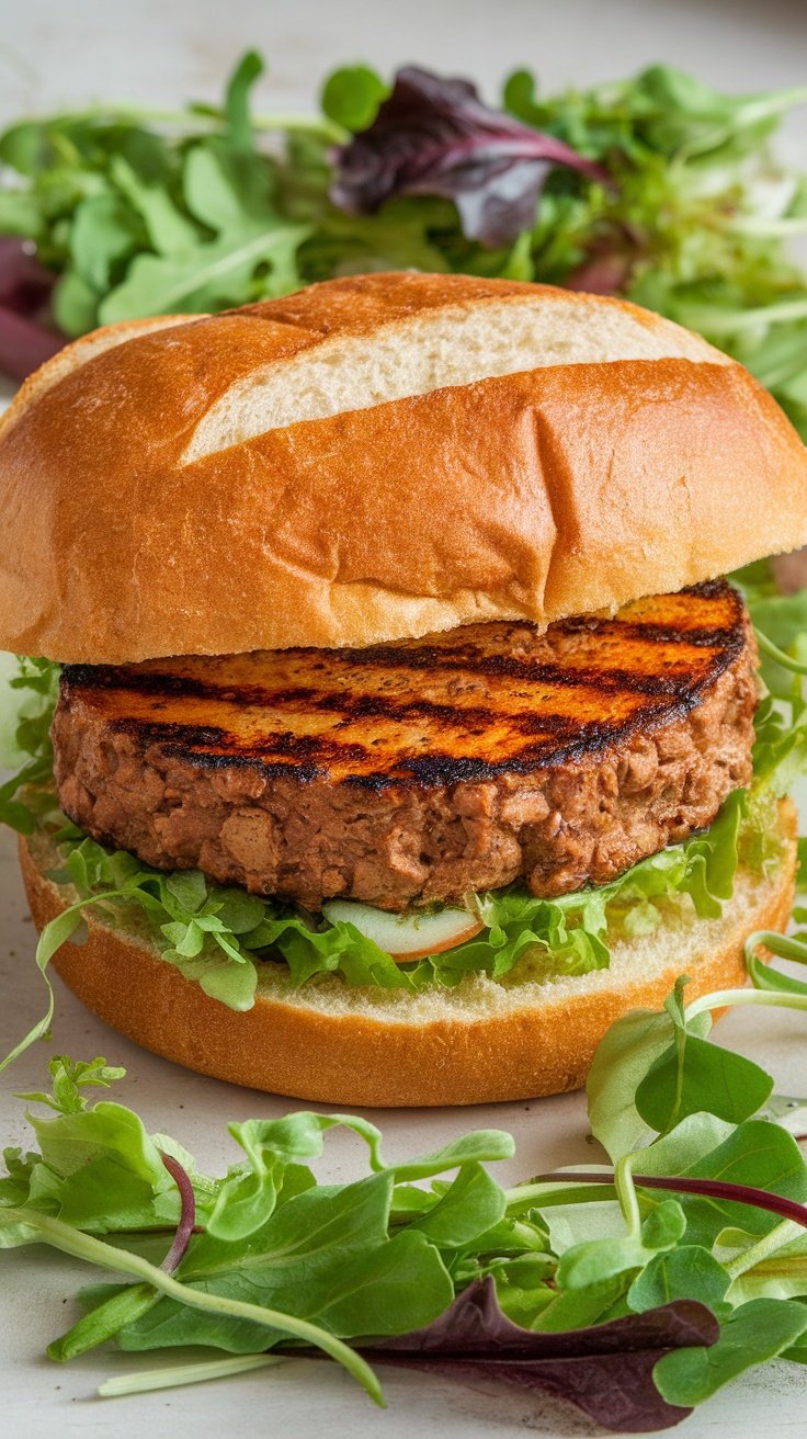 Hamburguesa de tofu marinado con lechuga en un pan suave, rodeada de hojas verdes.