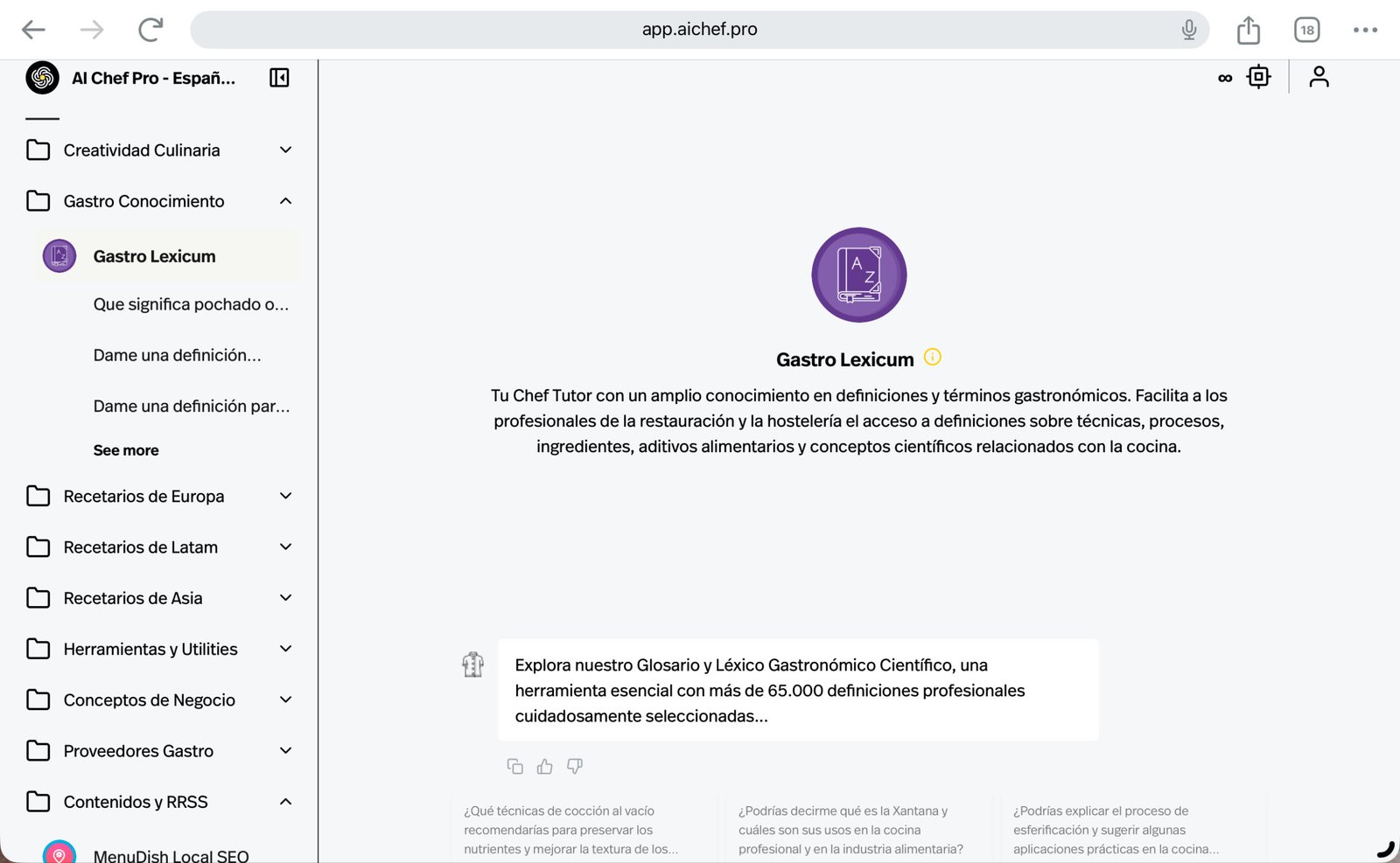 Captura de Pantalla de Gastro Lexicum dentro de la Suite de AI Chef Pro