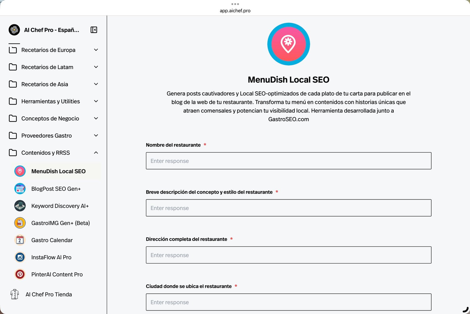 Captura de MenuDish Local SEO de Ai Chef Pro