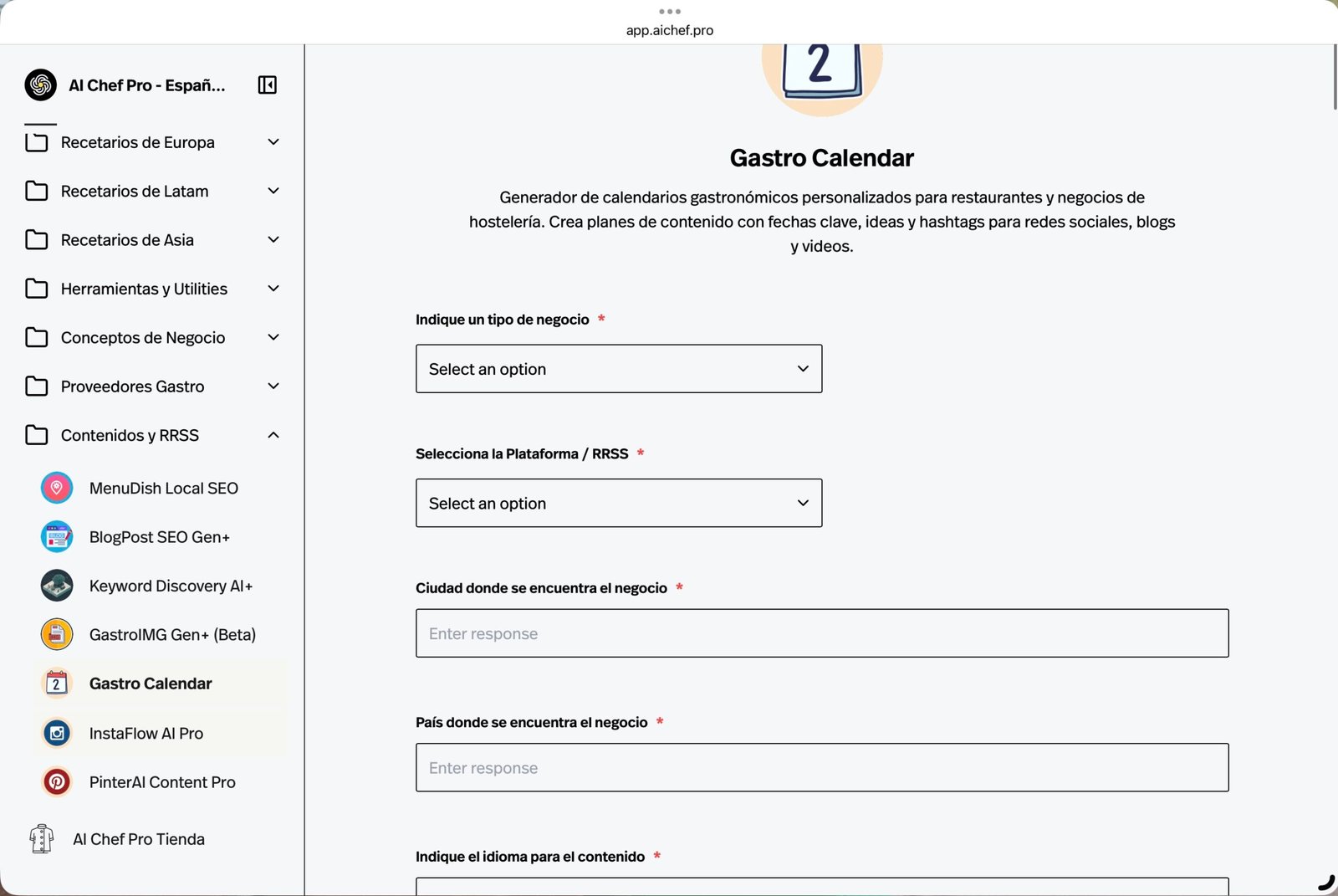 Captura de Gastro Calendar SEO de Ai Chef Pro