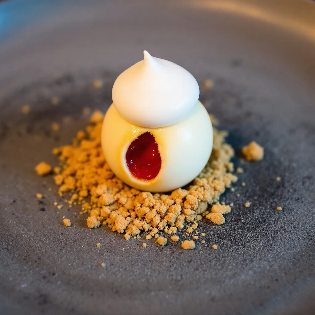 Esfera de yogur caramelizado con corazón de frutos rojos, tierra de galleta y aire de vainilla