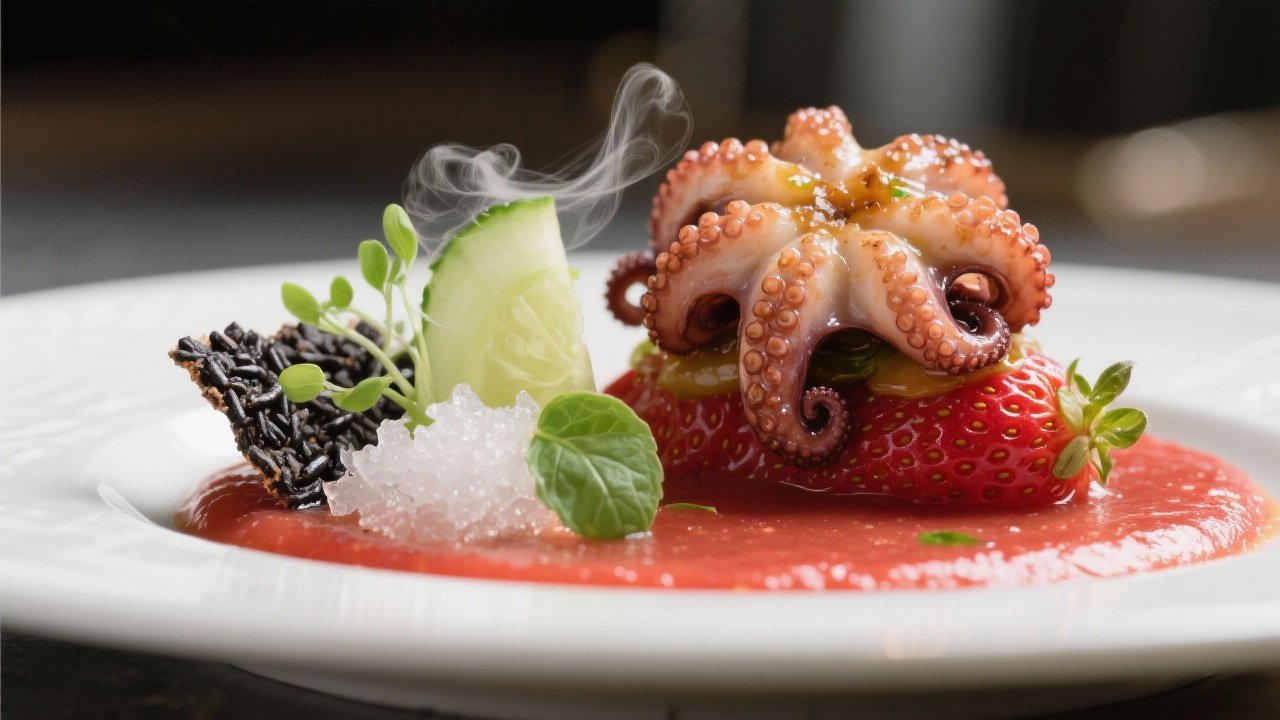 Pulpo Atlántico confitado, gazpacho de fresa y granizado de pepino, aire de albahaca y crujiente de arroz negro