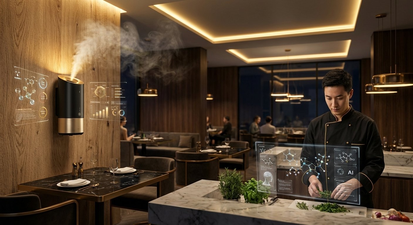 Comensal percibiendo el aroma ambiente en la sala de un restaurante