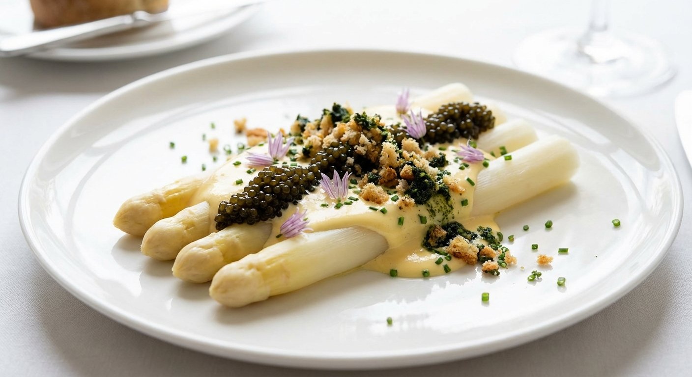 Espárrago Blanco con Hollandaise de Miso y Caviar Vegetal