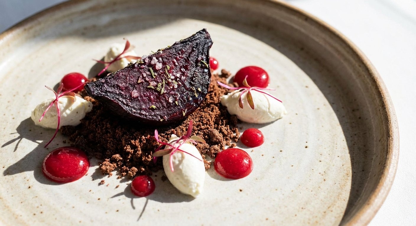 Remolacha Asada con Tierra de Cacao y Gel de Frambuesa