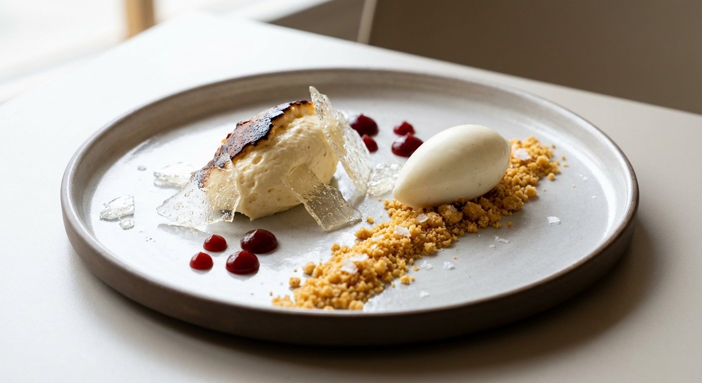 Tarta de Queso Vasca Deconstruida con Helado de Txakolí
