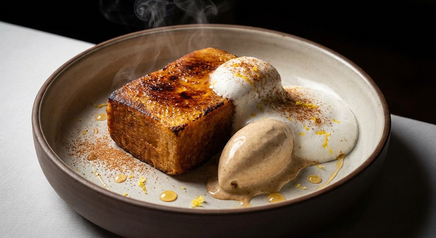 Torrija Molecular con Helado de Canela y Espuma de Leche Merengada