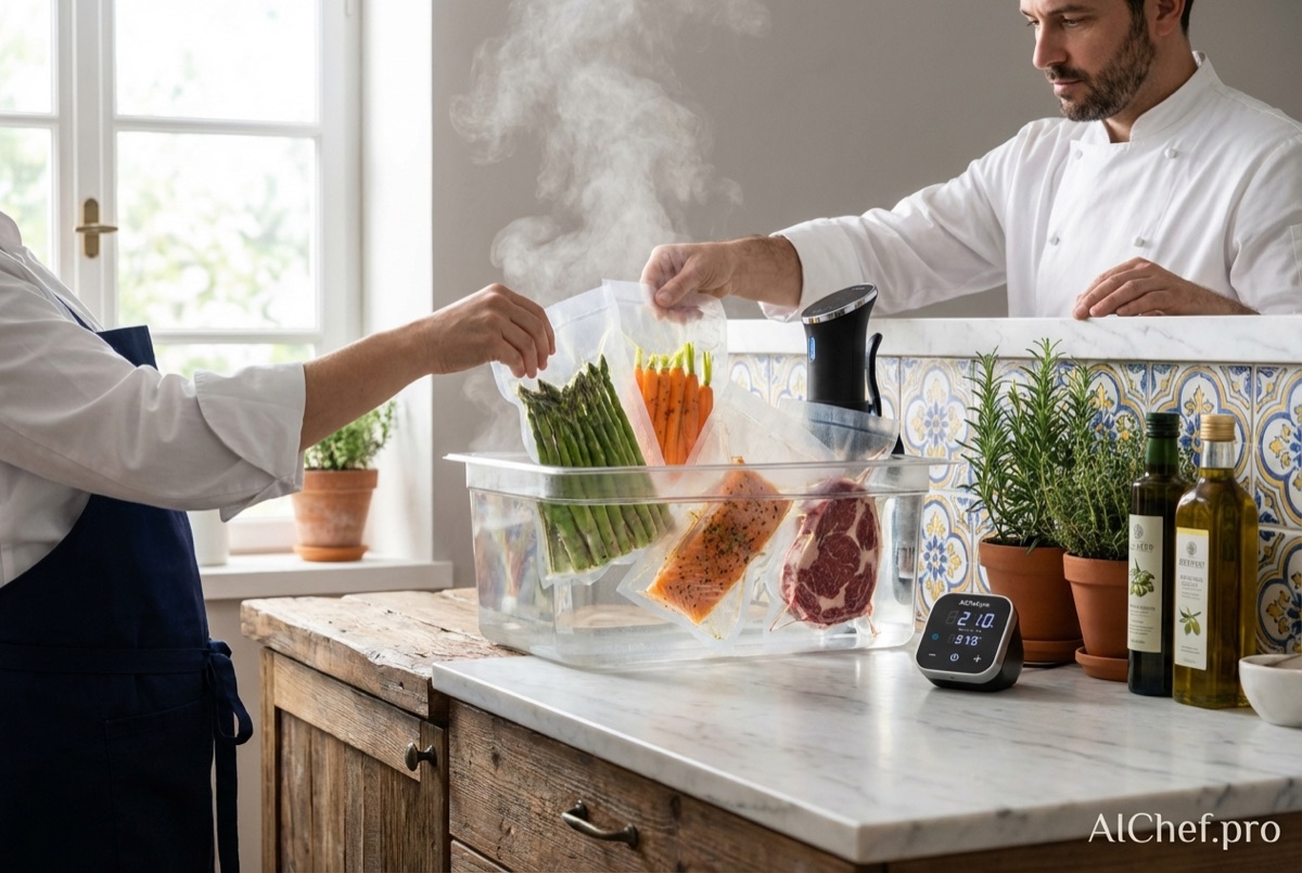 La escena muestra una cocina profesional de inspiración mediterránea, con un chef depositando bolsas selladas al vacío con vegetales, pescados y carnes en un baño de cocción preciso. El entorno es elegante, innovador y luminoso, con detalles de hierbas frescas, aceite de oliva y temporizador digital, ideal para transmitir profesionalismo y modernidad en propuestas de catering.