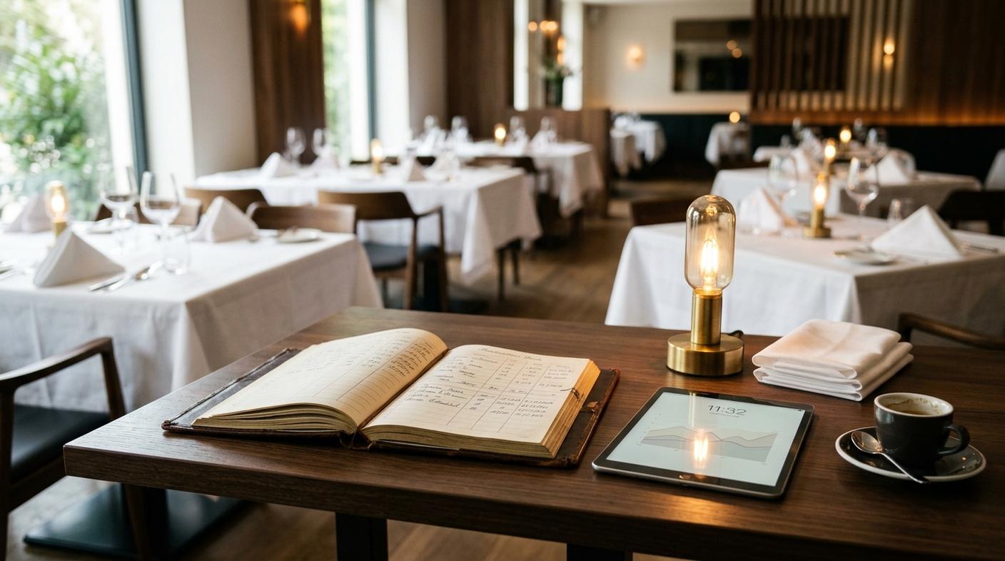 Libro de reservas y tablet con métricas sobre la mesa de trabajo de un restaurante