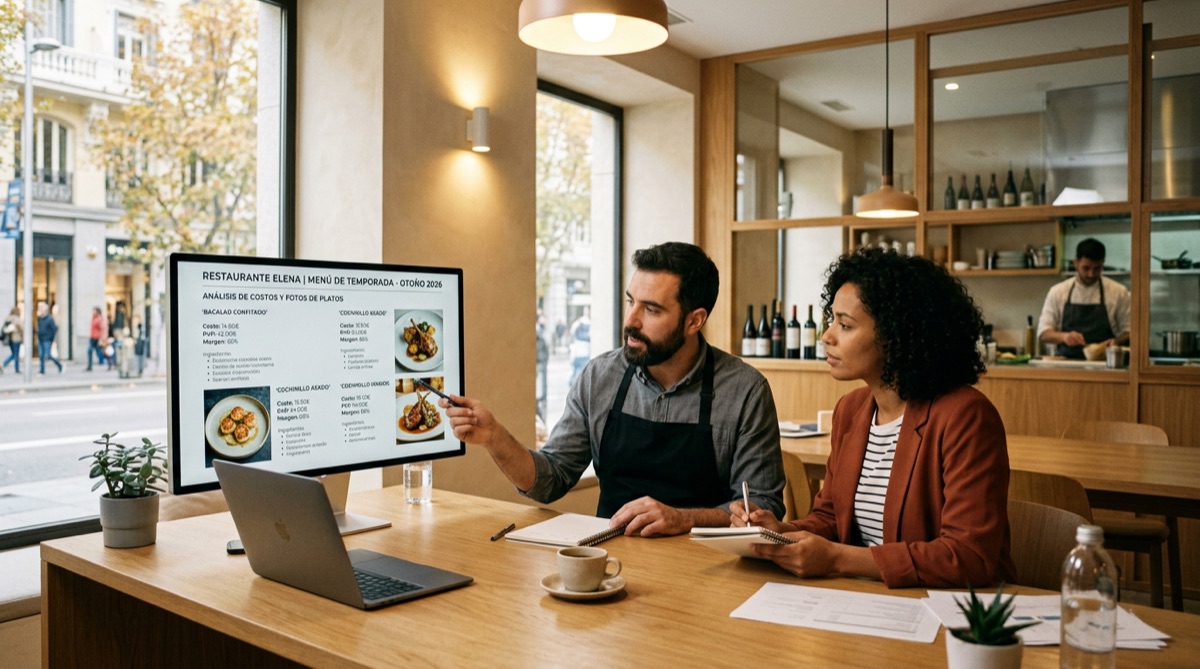 Chef y gerente diseñando carta rentable con IA