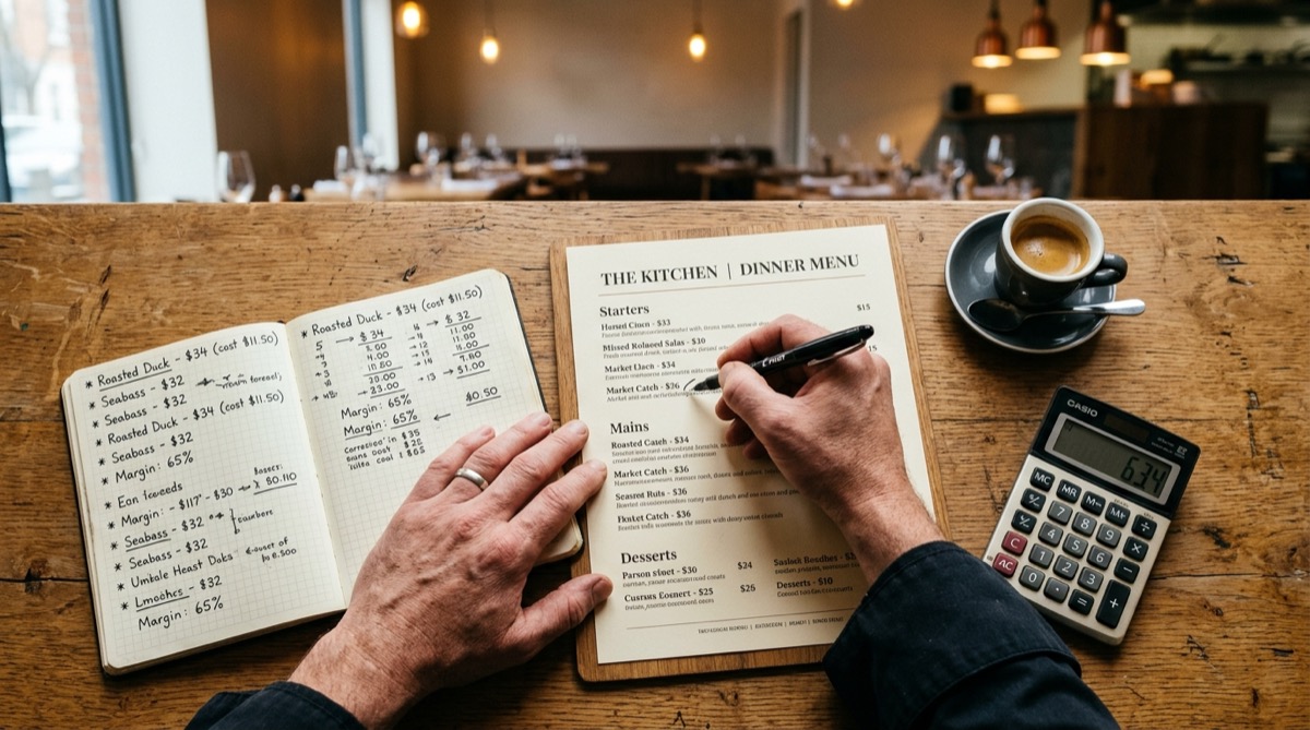 Chef revisando precios y márgenes de la carta con calculadora y libreta de escandallos