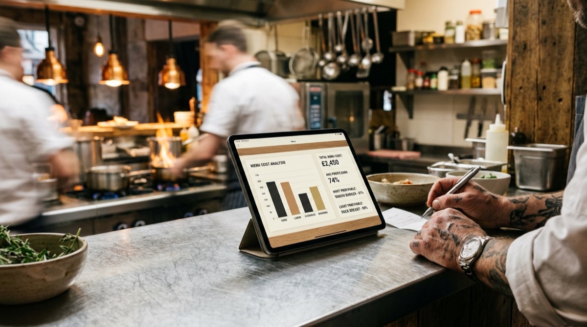 Tablet en cocina profesional mostrando un dashboard de análisis de costes de la carta con IA