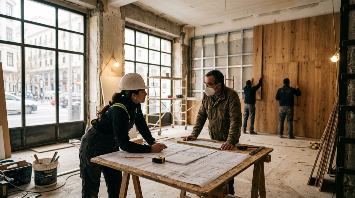 Restaurante en renovación con planos de arquitecto