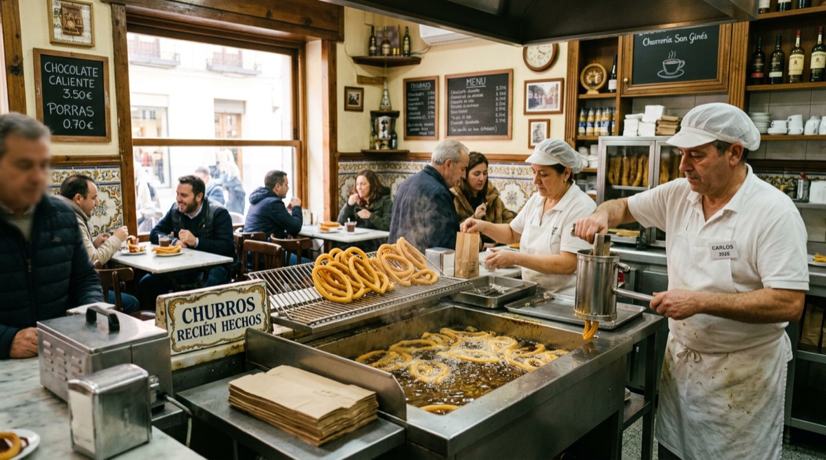 Churrería tradicional con churros friéndose en aceite dorado