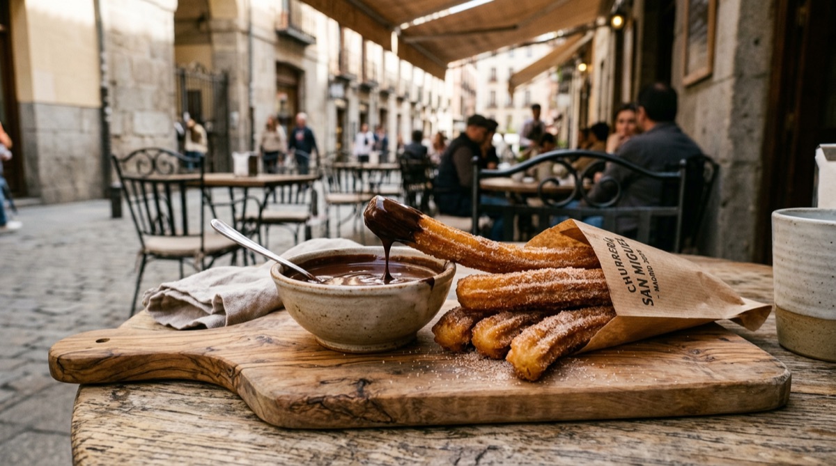 Churros artesanos con chocolate en tabla de madera