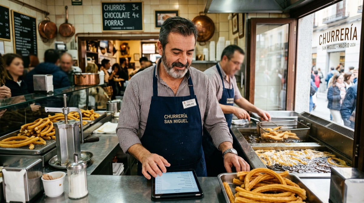 Propietario de churrería revisando pedidos en una tableta