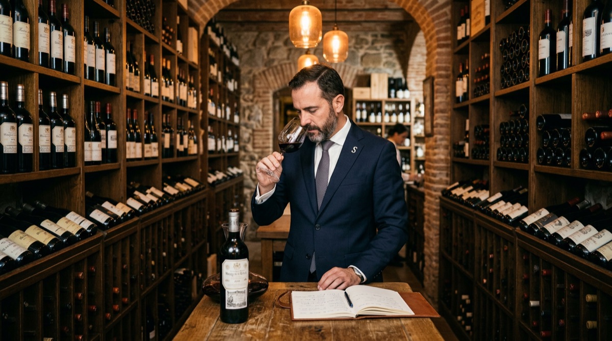 Sommelier catando vino en bodega elegante de restaurante