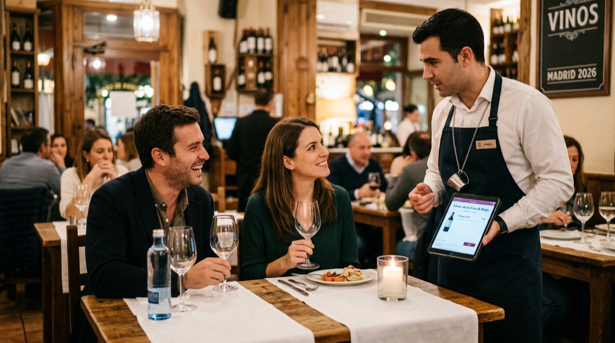 Sommelier recomendando vino a pareja en restaurante