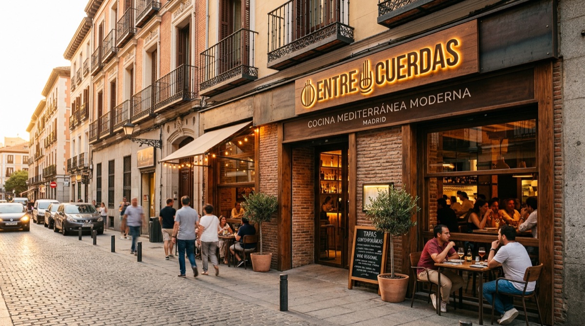 Fachada restaurante con branding moderno distintivo en Madrid