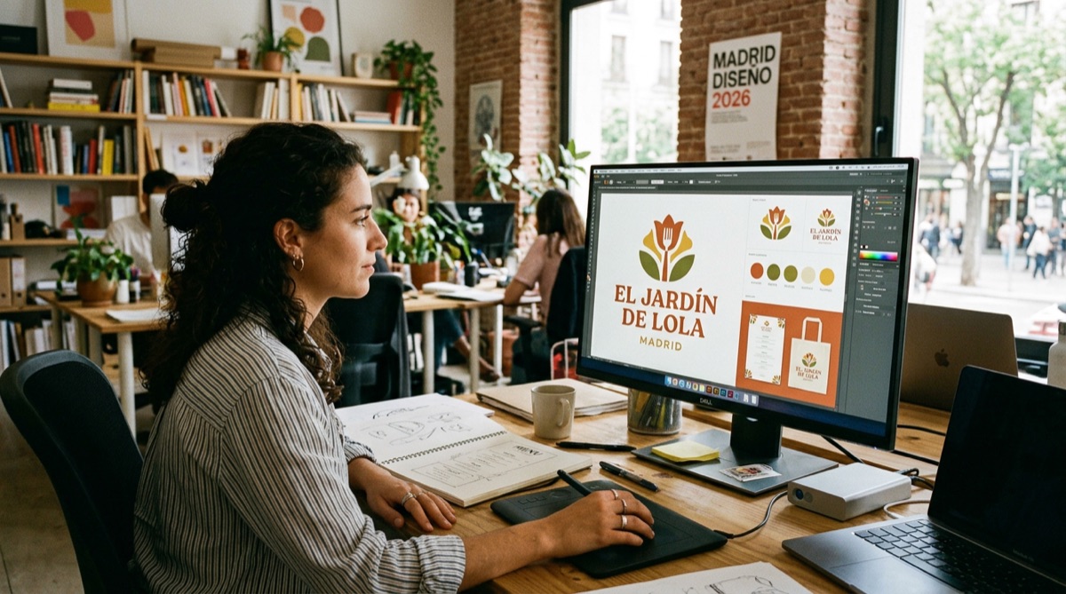 Diseñador trabajando la identidad de marca de un restaurante en el monitor