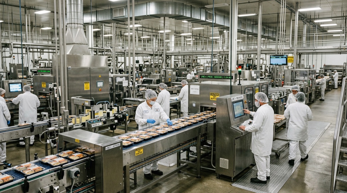 Instalacion produccion alimentaria industrial con trabajadores