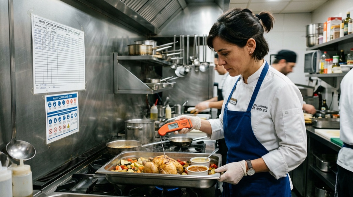 Chef comprobando la temperatura de los alimentos con termómetro digital