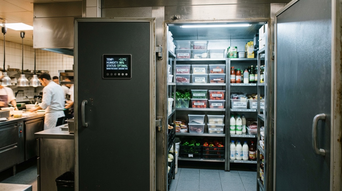 Cámara frigorífica organizada con panel de temperatura digital