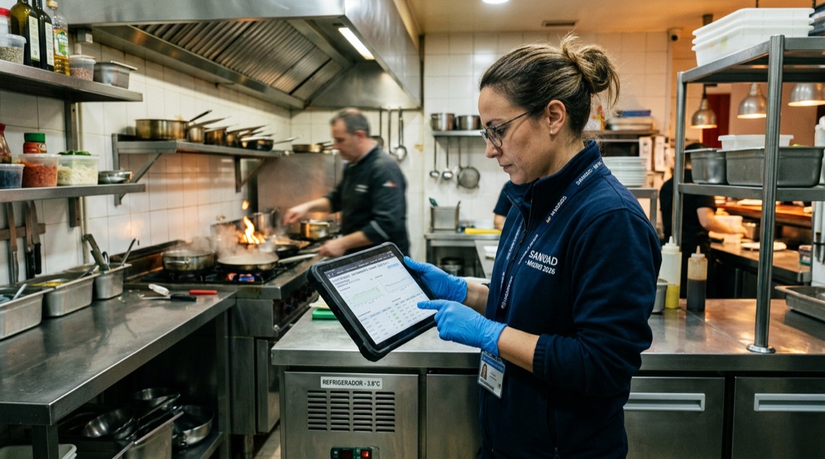Inspector de seguridad alimentaria revisando registros APPCC en tableta