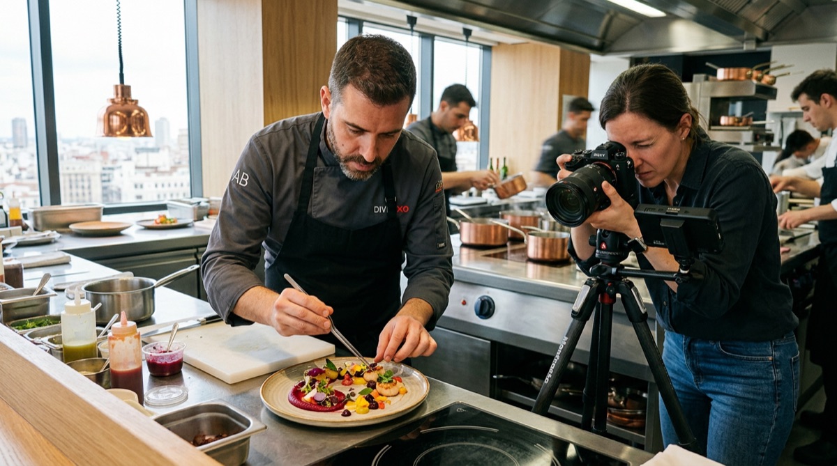 Chef emplatando mientras un fotógrafo captura con cámara en trípode