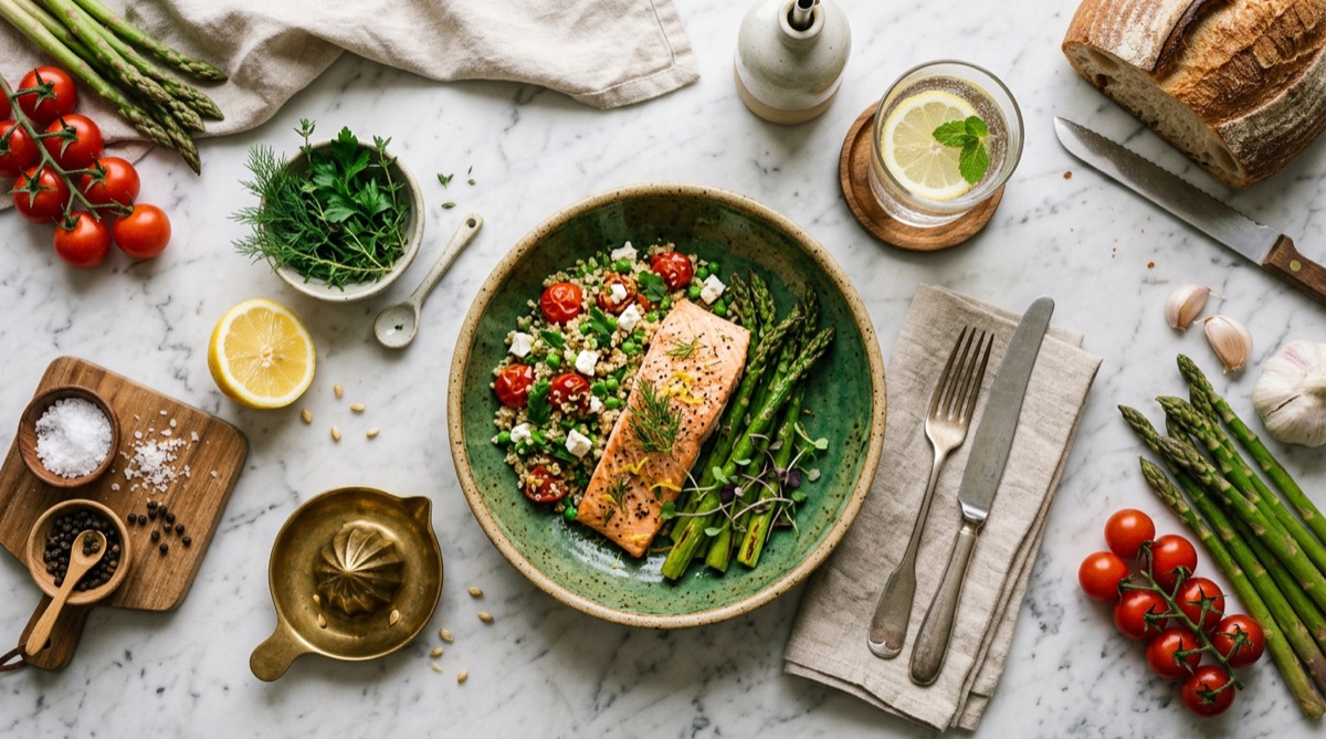 Plano cenital de fotografía gastronómica con ingredientes y plato en mármol