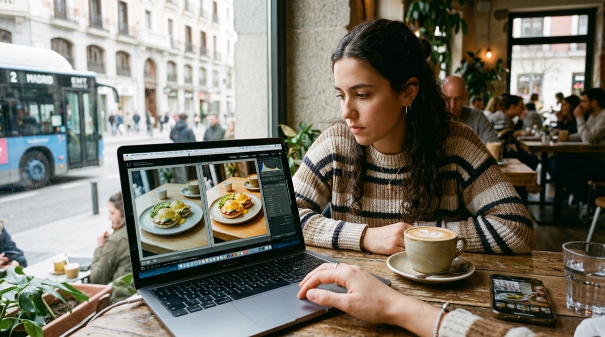 Persona editando una foto de comida en un portátil con antes y después