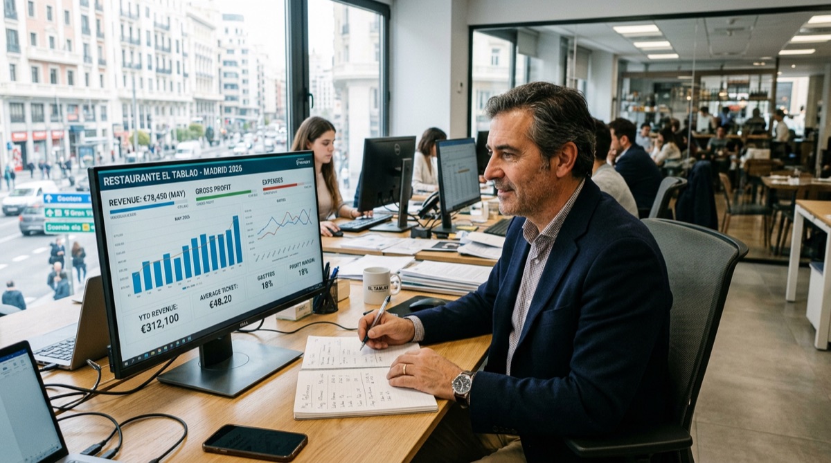 Propietario revisando panel financiero con graficos de ingresos