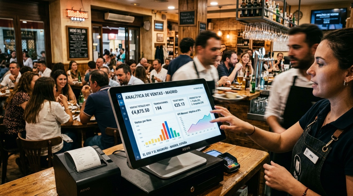 TPV mostrando analiticas de ventas y KPIs con restaurante de fondo