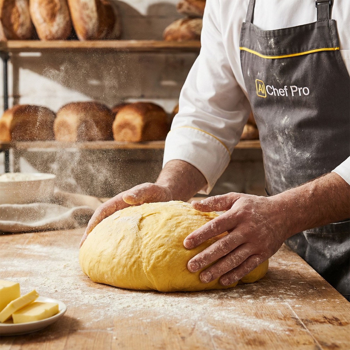 Manos amasando masa de brioche con mantequilla
