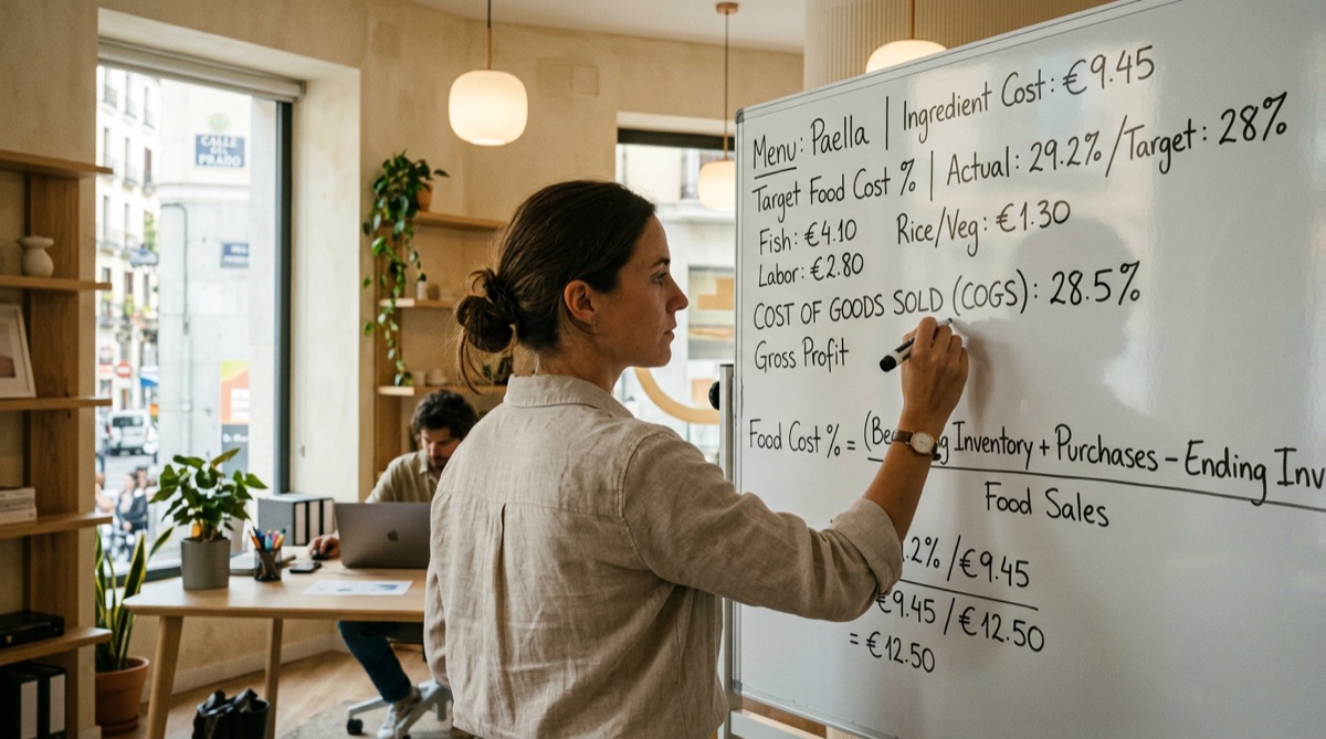 Gerente de restaurante calculando food cost en pizarra con formula de costes e ingredientes