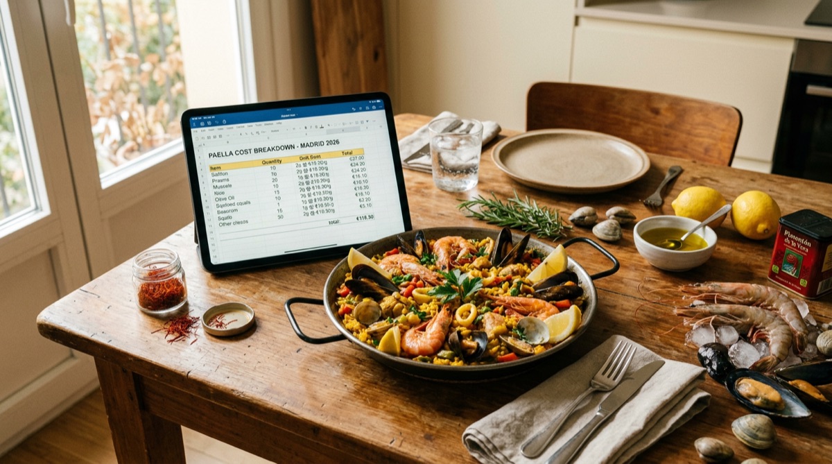 Paella con desglose de costes en tablet mostrando food cost por ingrediente