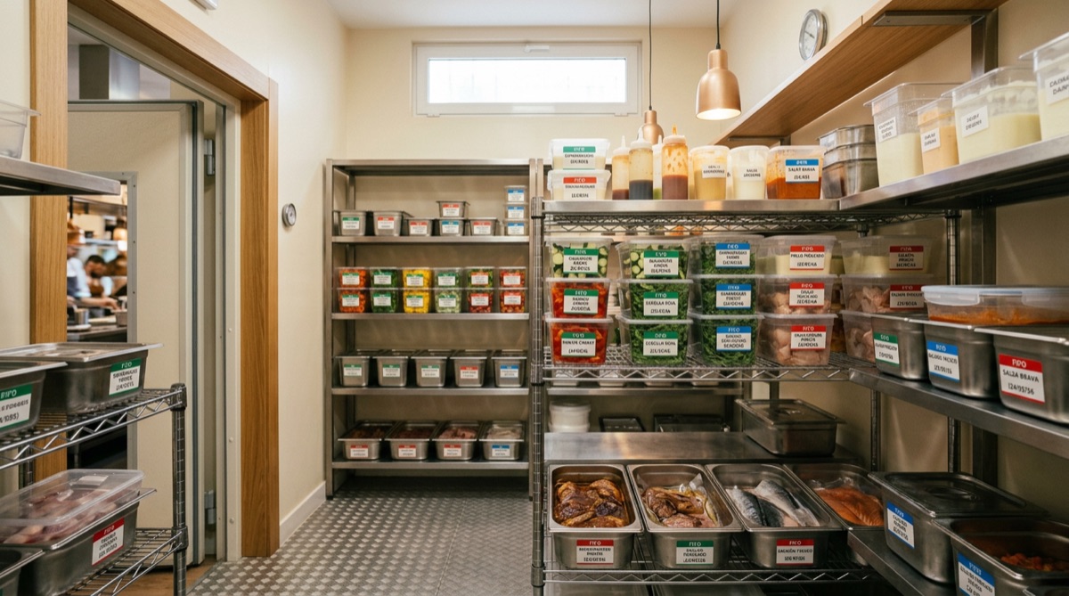 Cámara frigorífica de restaurante organizada con sistema FIFO de rotación de inventario