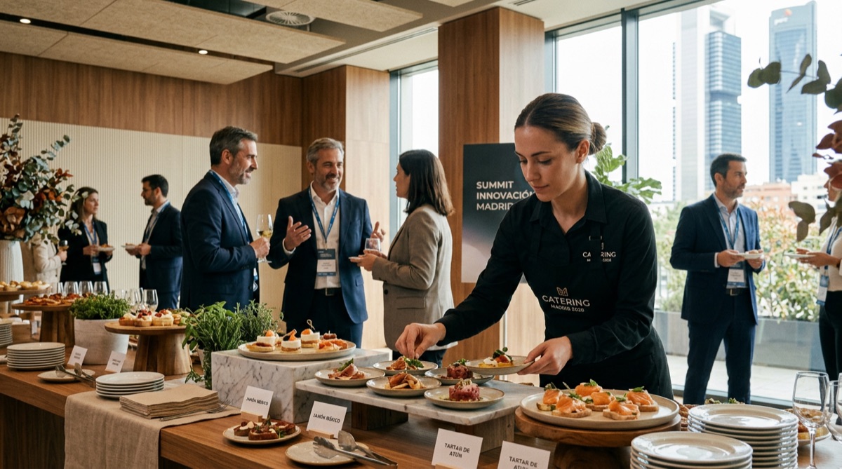 Catering corporativo elegante en centro de conferencias con personal profesional