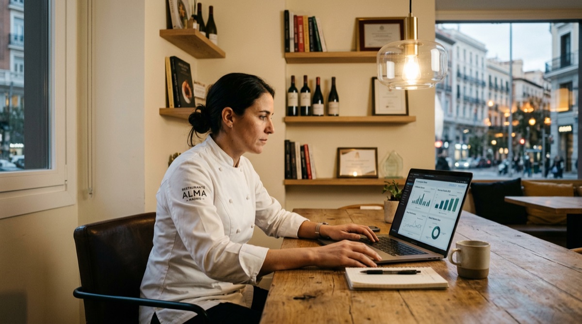 Chef profesional comparando ChatGPT con herramientas IA especializadas para restaurantes en portátil