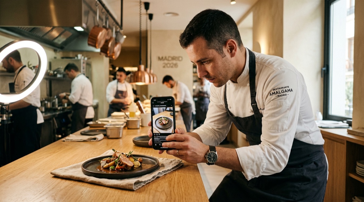 Dos chefs profesionales usando herramienta IA especializada para calcular food cost en cocina de restaurante