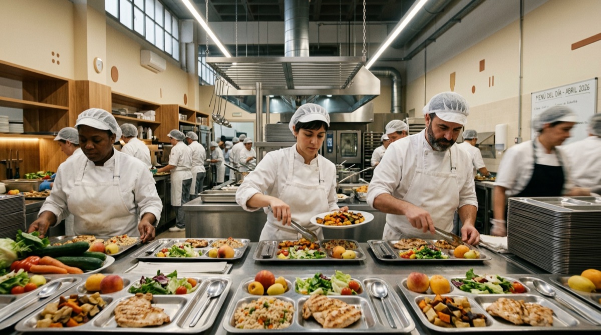 Cocina industrial de colectividades preparando cientos de raciones con IA