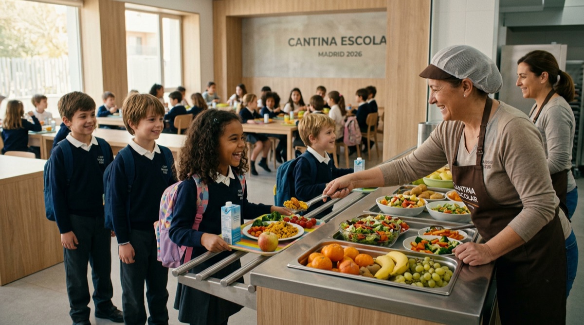 Comedor escolar sirviendo menús saludables planificados con IA