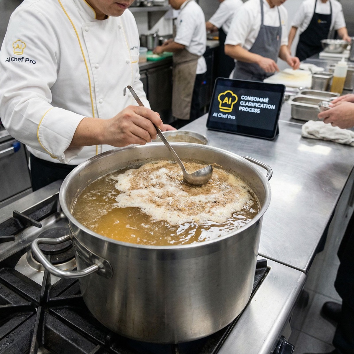 Ingredientes frescos para consommé: huesos, verduras, claras de huevo