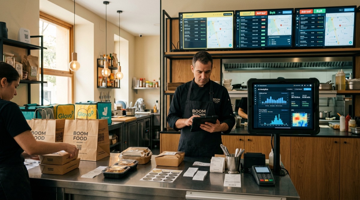 Dashboard de analítica IA en dark kitchen mostrando KPIs de pedidos y rentabilidad en tiempo real