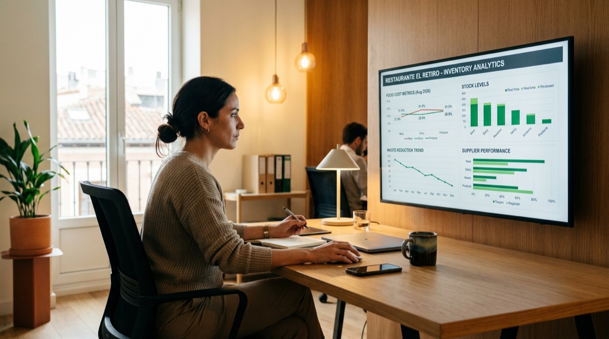 Gerente de restaurante analizando KPIs de inventario en dashboard de inteligencia artificial